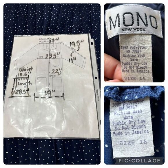 2 Pieces Vintage Mono New York Navy White Polka Dot Peter Pan Top Pleated Shirt - Picture 8 of 8